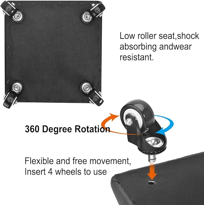 FLOLXNB Low Height Rolling Stool Low Roller Seat PU Leather Square Roller Seat Stool Low Rolling Chair for Home Office Fitness Garage (Black)