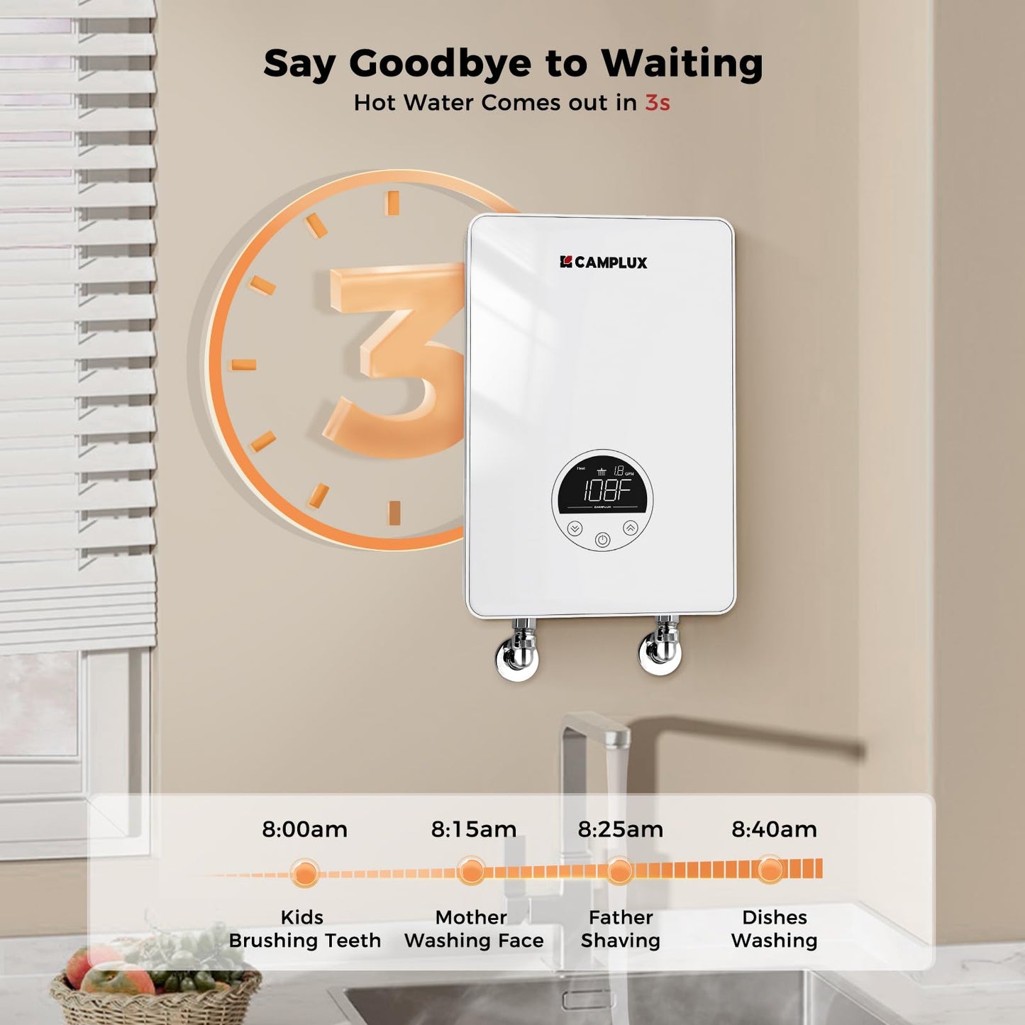 CAMPLUX Tankless Water Heater Electric 4.5kW 110~120V Small Instant Hot Water Heater, Point-of-Use, Save Space for Sink Wall Mounted LED Digital Display CSA Certified TE05