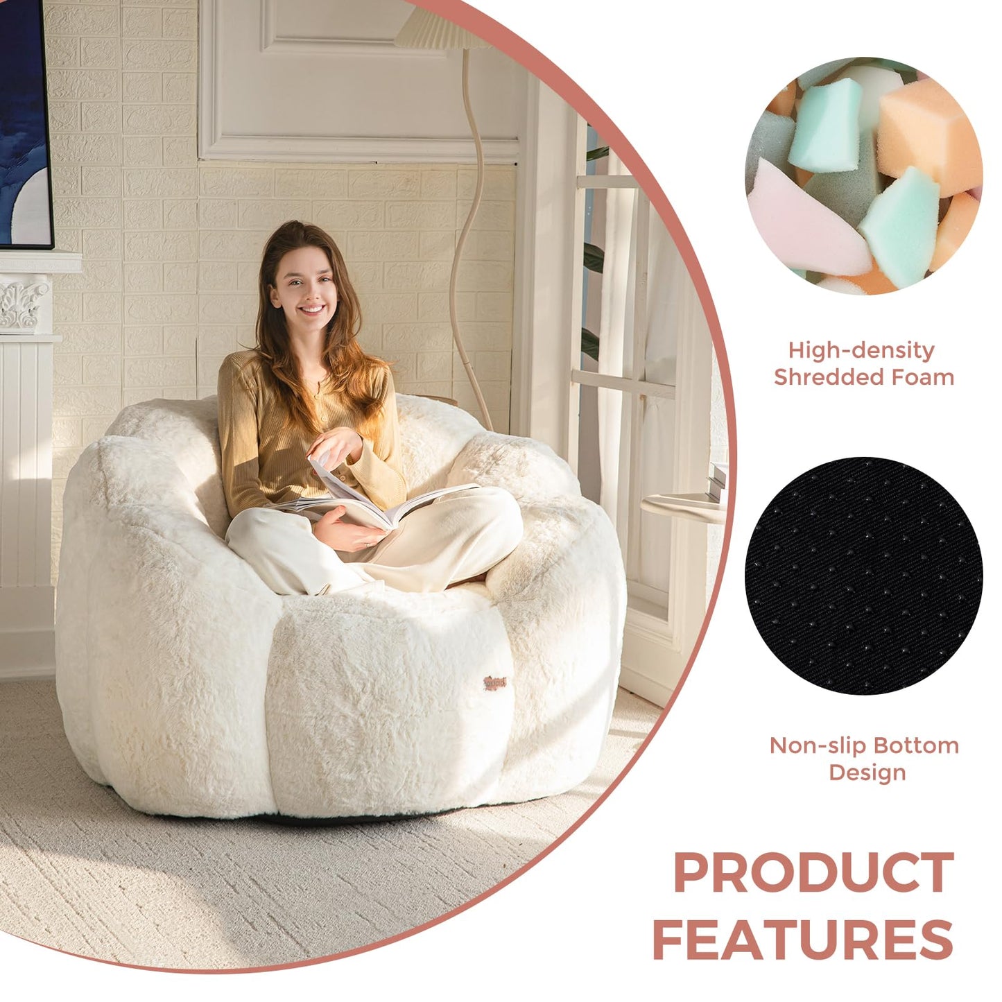 MAXYOYO Bean Bag Chair for Adults, Floral Shaped Bean Bag Sofa, Ultra Soft Faux Fur Floor Sofa, Large Reading Chair for Living Room Bedroom, Beige, Single