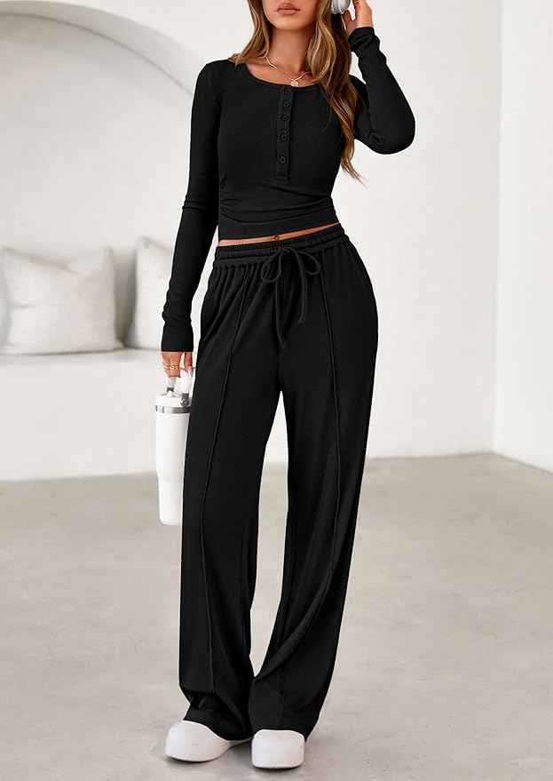 PRETTYGARDEN Women's 2026 Fall Trendy 2 Piece Outfits Lounge Sets Long Sleeve Top Henley Shirts Wide Leg Pants Travel Clothes