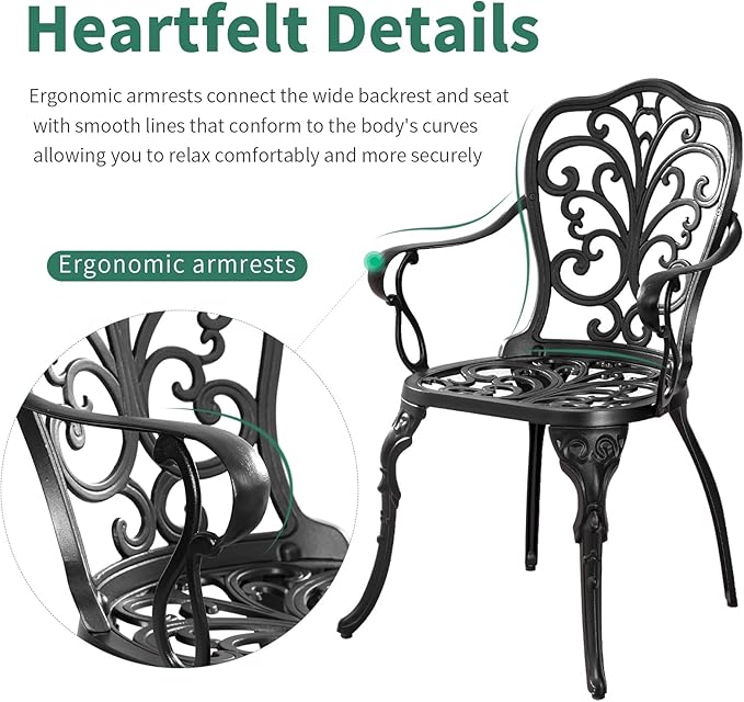 Withniture Bistro Set 3 Piece Outdoor, Cast Aluminum Patio Bistro Sets, Bistro Table and Chairs Set with Umbrella Hole, Black Bistro Table Set for Garden Porch Balcony (Butterfly Black)