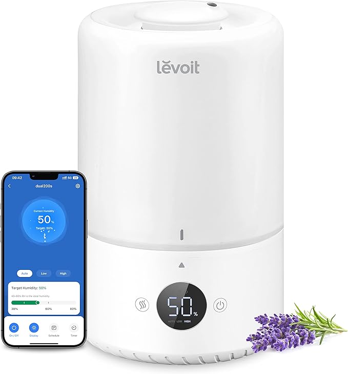 LEVOIT Smart Cool Mist Top Fill Humidifiers for Bedroom Baby with Sensor, Auto Humidity Setting, APP & Voice Control, Essential Oil Diffuser, Ultra Quiet Operation, Easy Top Fill, 3L, White