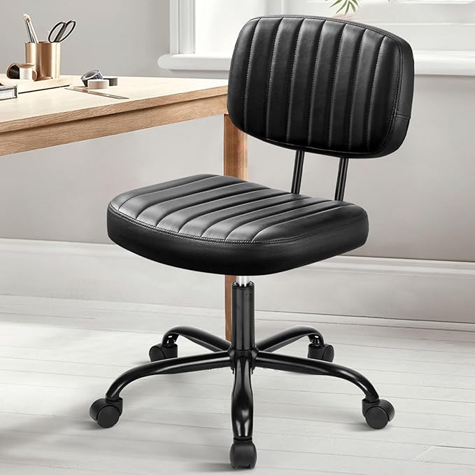 DUMOS Small Armless Home Desk Chair with Low Back Lumbar Support, Height Adjustable PU Leather Computer Task Chair with 36...