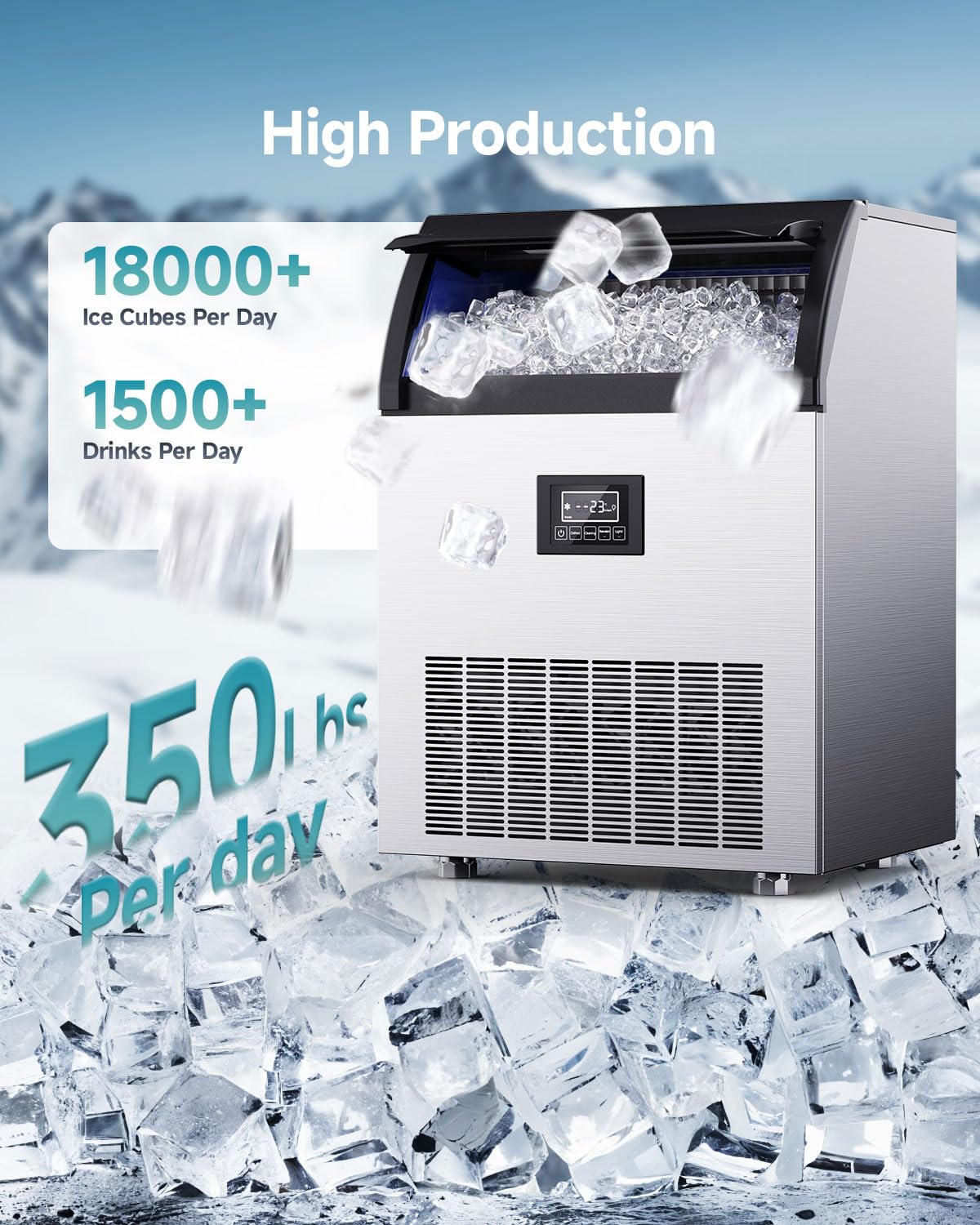 EUHOMY Commercial Ice Maker,350lbs/24H,Stainless Steel Under Counter Ice Machine with Water Filter,44lbs Storage Capacity, 126 Cubes in 8-12 Mins, Freestanding Ice Machine for Home/Bar/Cafe/Restaurant