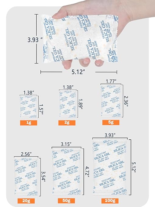 5 Gram (100 Pack) Color-Indicating Silica Gel Packets, Premium Food Grade Desiccant - Rechargeable Moisture Absorbers for Food Storage, Electronics, 3D Filament & Safes