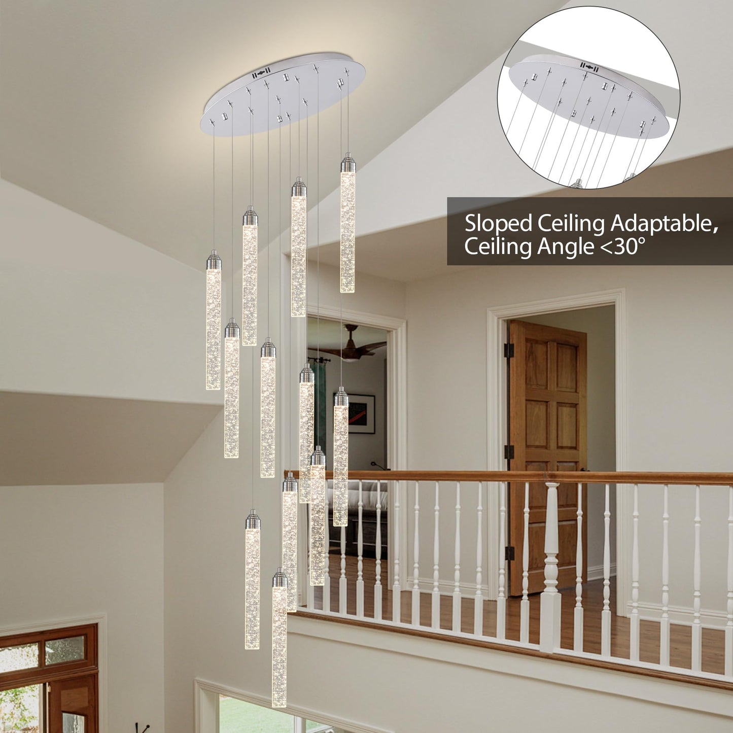 YwueChwu 12-Lights High Ceiling Crystal Staircase Chandelier Chrome, Modern Spiral Raindrop Dimmable LED Bubble Cluster Ceiling Hanging Lighting Fixture for Foyer Living Room Entrance Remote Control