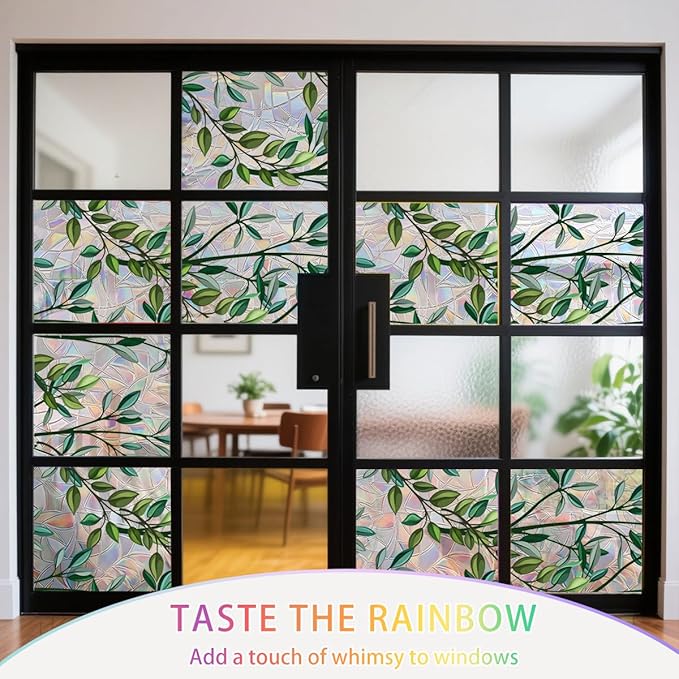 Leaf Stained Glass Window Film Static Cling with Tools - 35.4 x 78.7 Inch Non-Adhesive Privacy Decorative Rainbow Film for Windows, Doors, Sidelights - Easy Install & Remove