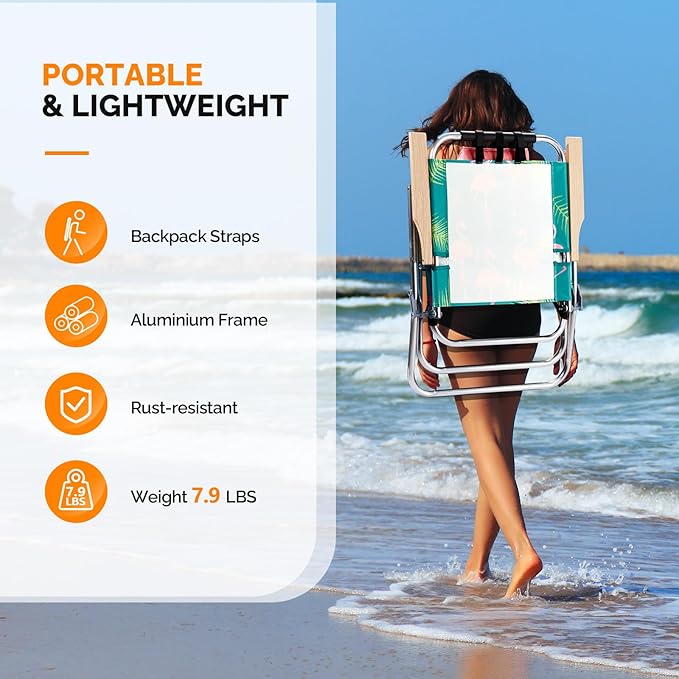 VINGLI Aluminum 17" Backpack Beach Chair – Tall Beach Chairs for Adults, Portable with Adjustable Straps, 3-Position Reclining, Cup Holder, High Lightweight Beach Chairs for Beach