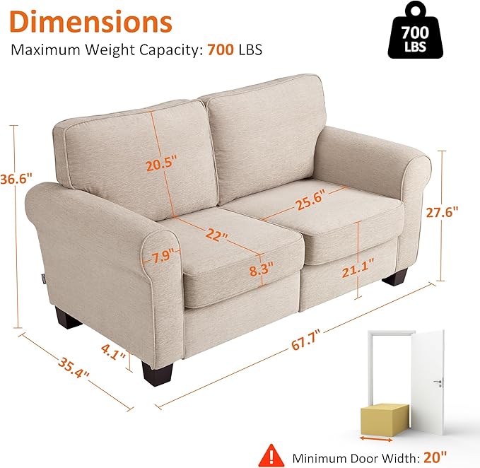 MCombo 67.7" Loveseat Sofa, 2-Seater Small Couch for Small Spaces, Classic Rolled Arm Upholstered Sofa with Solid Wood Legs for Living Room, Removable Cover, Chenille Fabric VE730 (Beige)