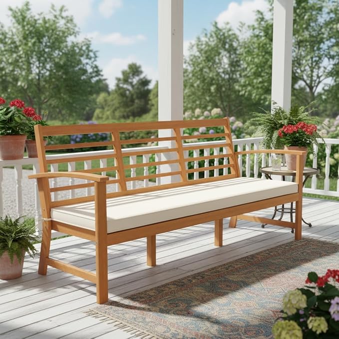 Tangkula 64 Inch Patio Acacia Wood Bench, 3-Seat Extra Long Chair with Cushion, Slatted Seat & Backrest, 3-Person Outdoor Wood Bench for Backyard, Porch, Balcony & Garden