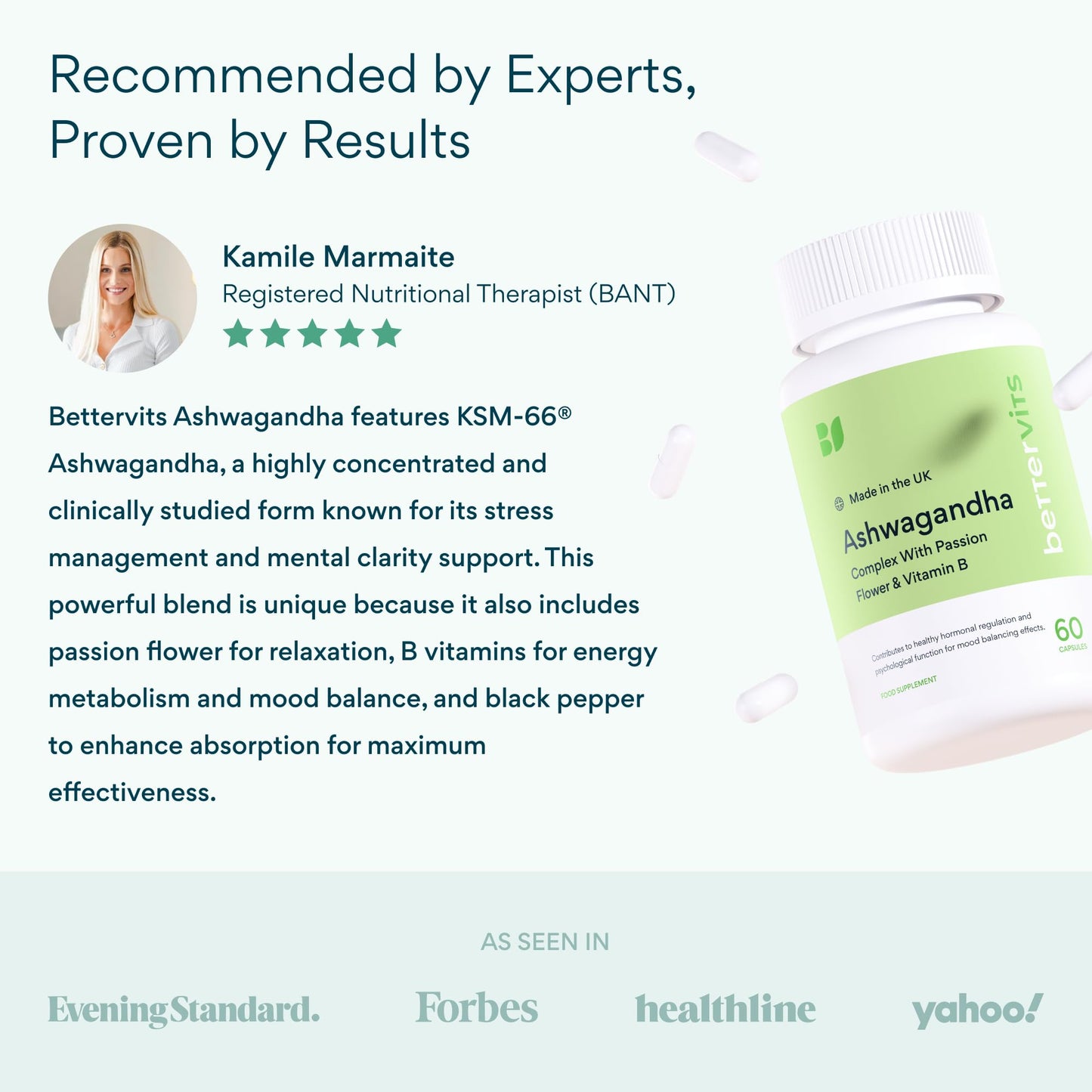 Bettervits Ashwagandha High Strength Complex with Passion Flower & Vitamin B | Organic KSM-66 Ashwagandha 800mg | Stress & Cortisol Support Supplement | 60 Capsules