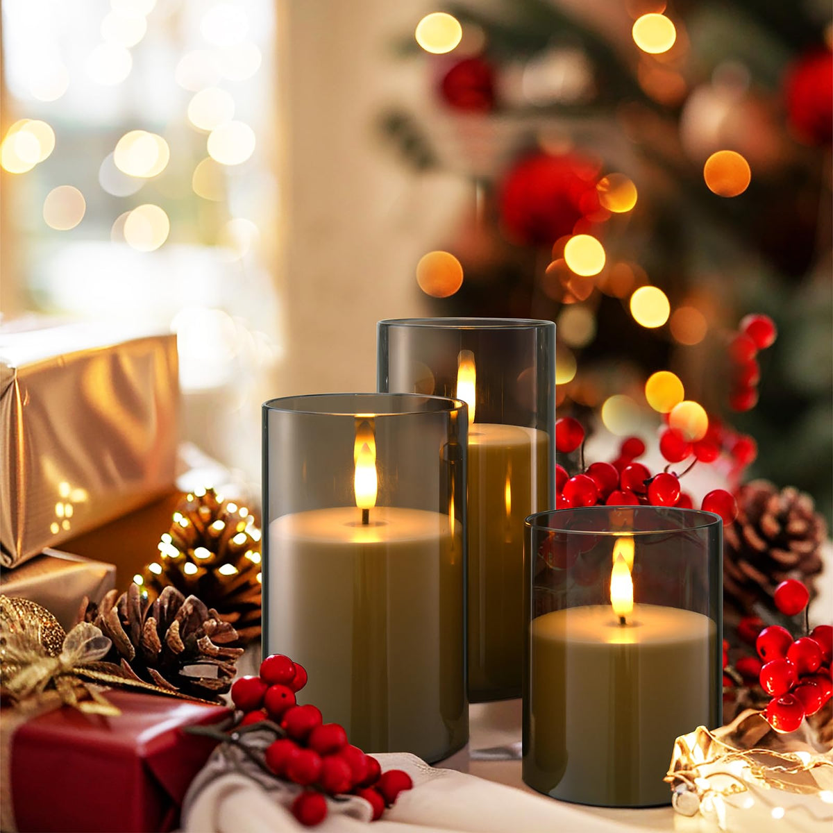 Flameless Candles Battery Operated Candles- Flickering LED Candles with Realistic 3D Buld and Remote Control &Timer for Wedding Birthday Halloween Christmas Decorations Set of 3