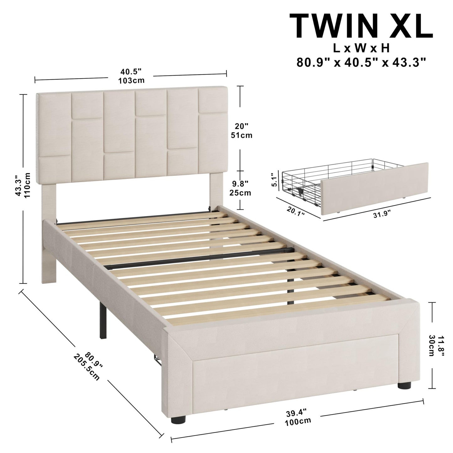 LIKIMIO Twin XL Bed Frame with Under-Bed Drawer, Platform Upholstered Bed with Headboard, No Box Spring Needed/Noise-Free, Beige
