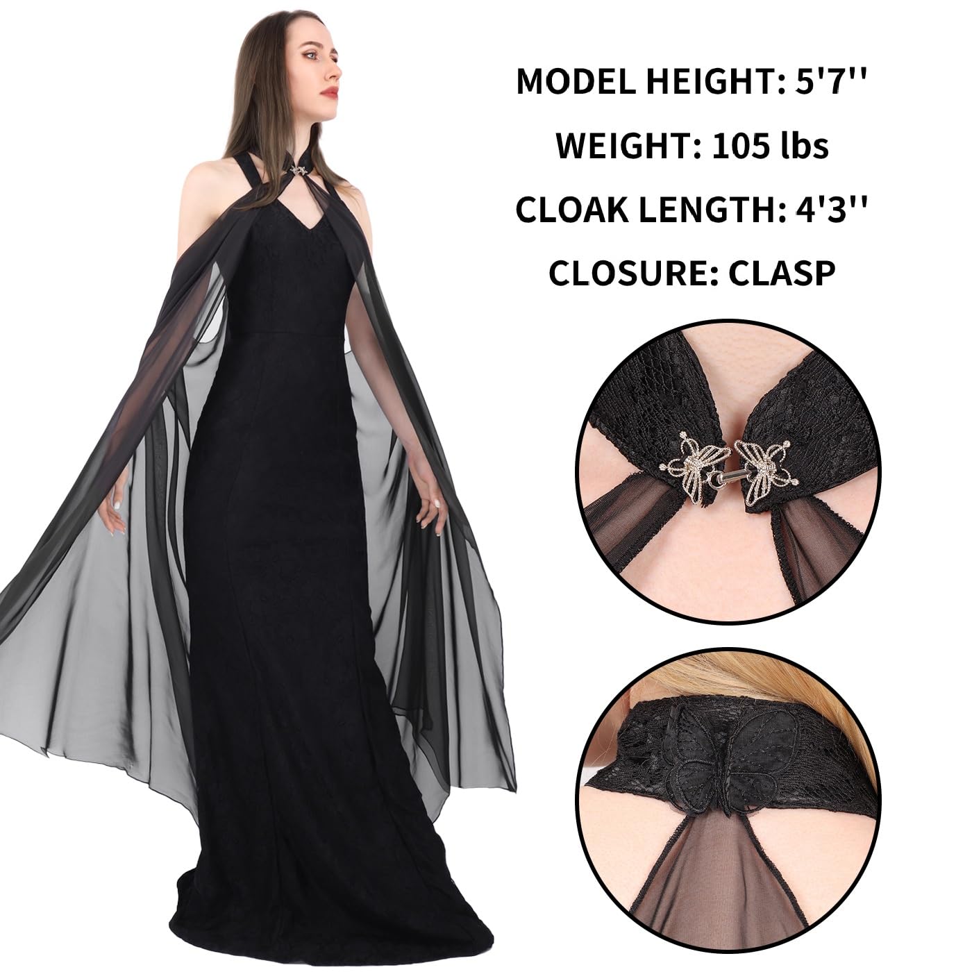 KUOIN Women's Chiffon Sheer Cape Gothic Tulle Cloak Halloween Wedding Bridal Collared Shawls Full-Length 130CM