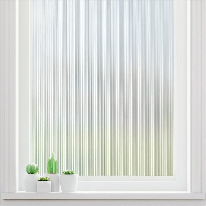 Haton Reeded Glass Window Privacy Film, Frosted Glass Window Film, Static Cling UV Blocking Stickers, Decorative Removable Cover for Bathroom Door Office, Non Adhesive 17.5" x 78.7"