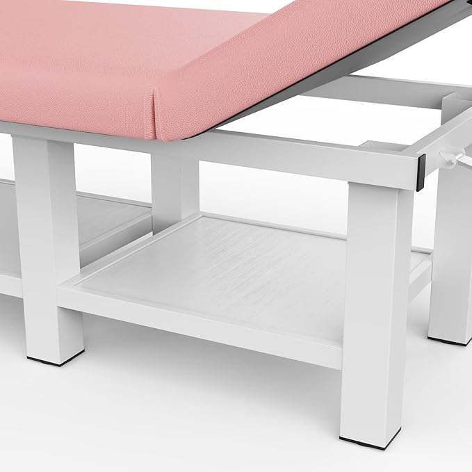 Stationary Massage Table with Backrest and Storage Space, 6 Square Legs Metal Frame PU Leather, 31.5'' Wide × 75'' Long for Treatment Table Physical Therapy Table Spa Facial Bed, Pink