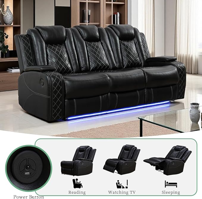 Dekmxas Power Leather Recliner Sofa Set with LED Light, Living Room Furniture Sets, Black Breathing Leather Power Reclining Sofa Couch with 2 Recliner Seats/Storage Console/USB Port for Living Room