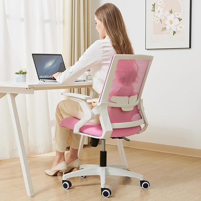 Msdizuo Ergonomic Office Chair Desk Chair with Adjustable Height Mesh Computer Chair Swivel Chair with Flip-up Arms and Lumbar Support Pink
