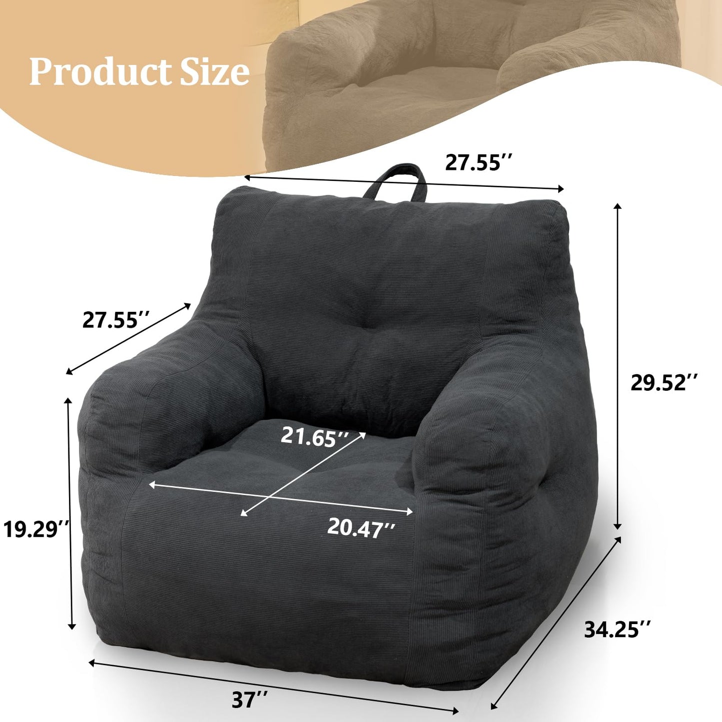 Stmoze Bean Bag Chairs for Adults Ergonomic Support Reading Floor Sofa Chair with Filler Spacious (Grey) (Standard)