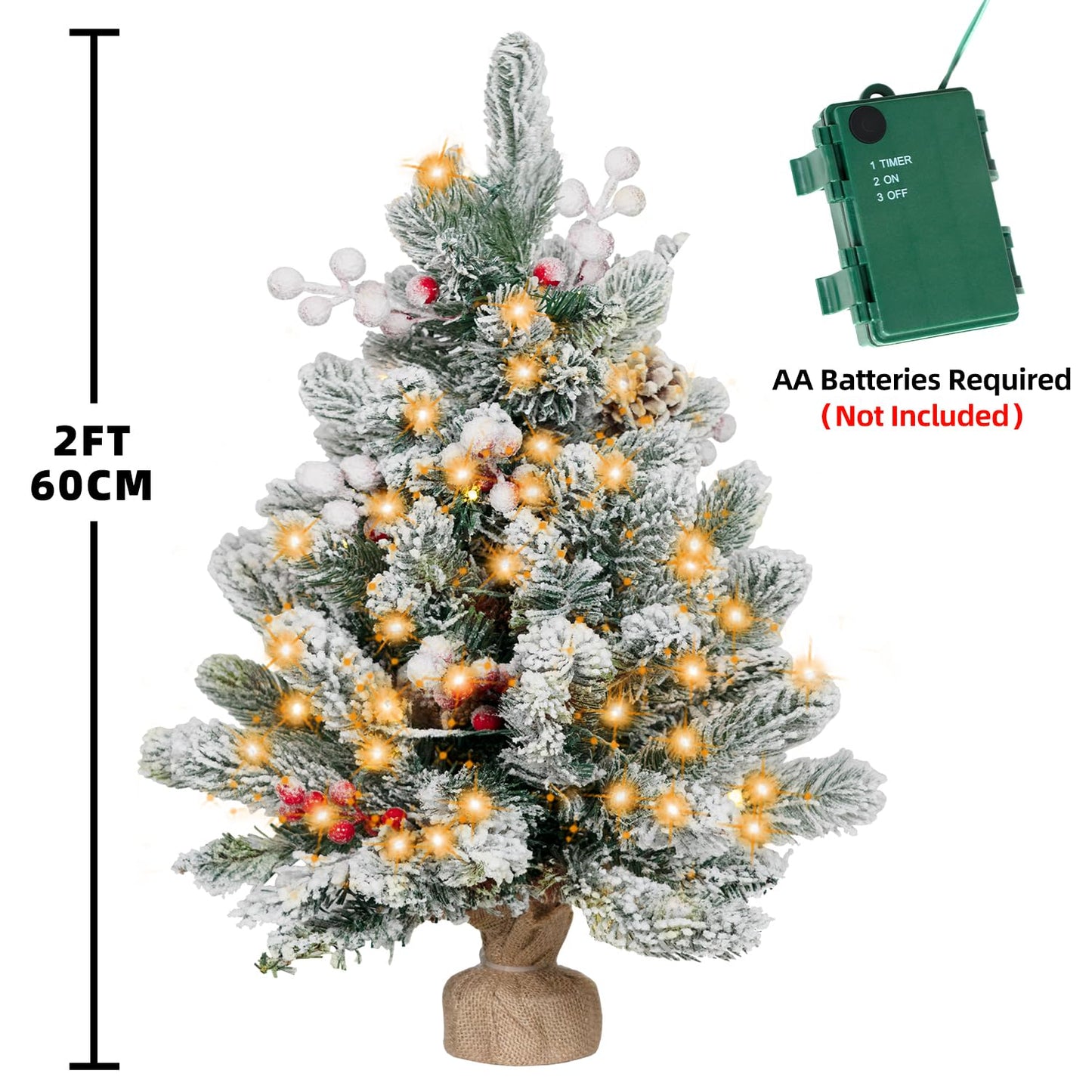 RIDGEPOLE 2FT Pre-lit Mini Christmas Snow Flocked Tree,Tabletop Artificial Christmas Tree with LED Lights, Small Xmas Pine Tree with Cloth Bag Base for Christmas Decor,12 PCS Berry & 8 Pinecones