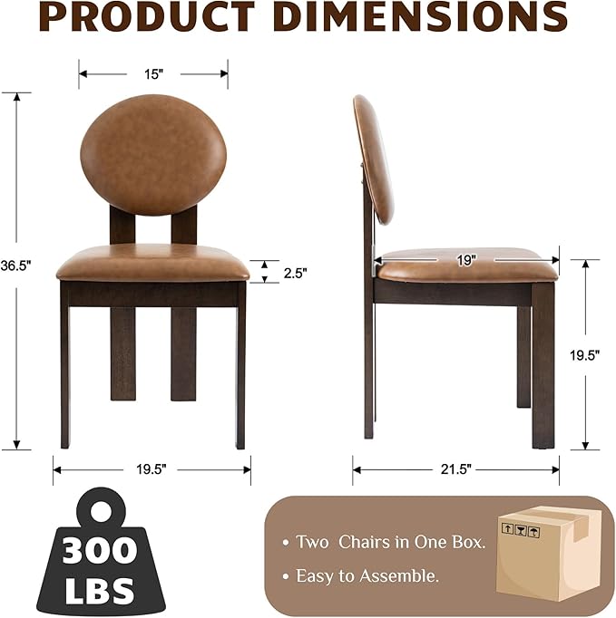 Modern Wood Dining Chairs Set of 6, Farmhouse Brown Faux Leather Kitchen Chairs with Round Back & Walnut Legs, Mid-Century Armless Upholstered Accent Chairs for Dining Room/Living Room/Restaurant