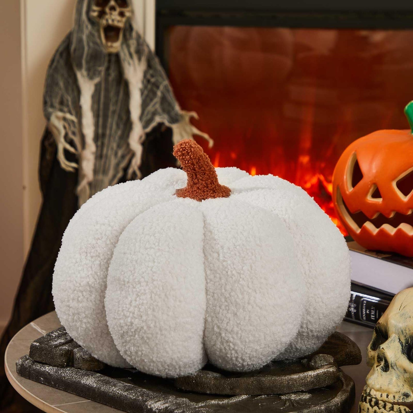 Juexica 7 Inch Halloween Stuffed Pumpkin Pillow Fluffy Plush 3D Pumpkin Shaped Decoration Fall Thanksgiving Cushion Pillow Soft Cute Throw for Sofa Couch Supplies(White)