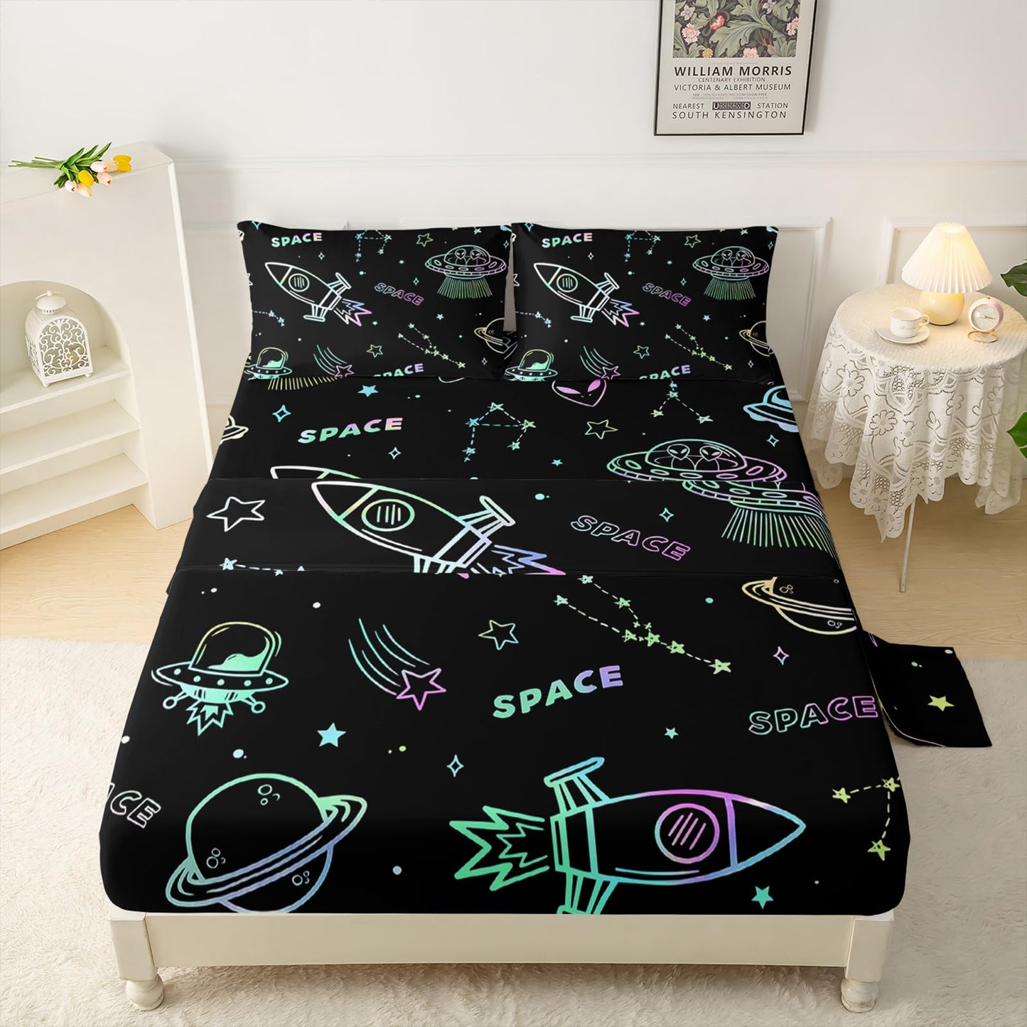 QOOMO Rocket Print Kids Sheet Set, Soft Comfy Space Galaxy Sheets Set for Children Teens, Green Stars Bed Sets with Deep Pocket Twin Size, 1 Fitted Sheet, 1 Flat Sheet, 2 Pillow Cases