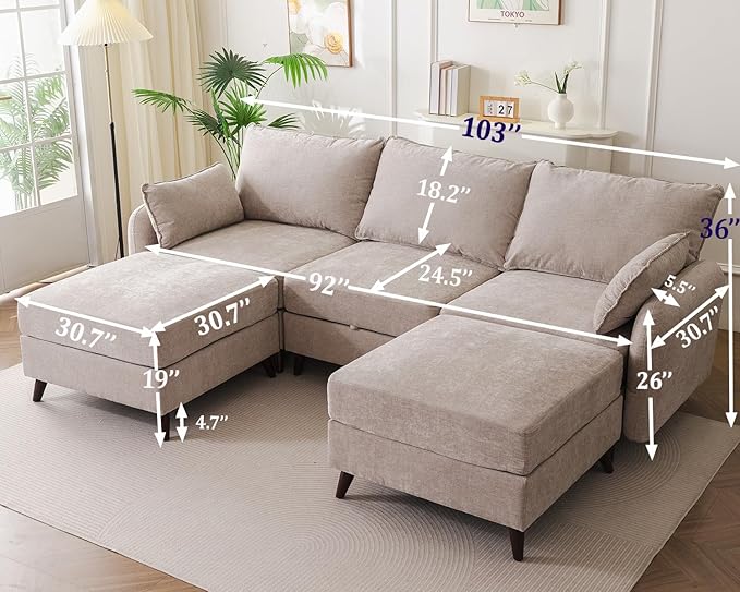 Rexulqo 104'' Modular Sectional Sofa with All Seats Storage, Oversized U Shaped Couch for Living Room,3-Seater Comfy Cloud Couches with Movable Ottoman,Big Sectional for Bedroom,Velet,Khaki
