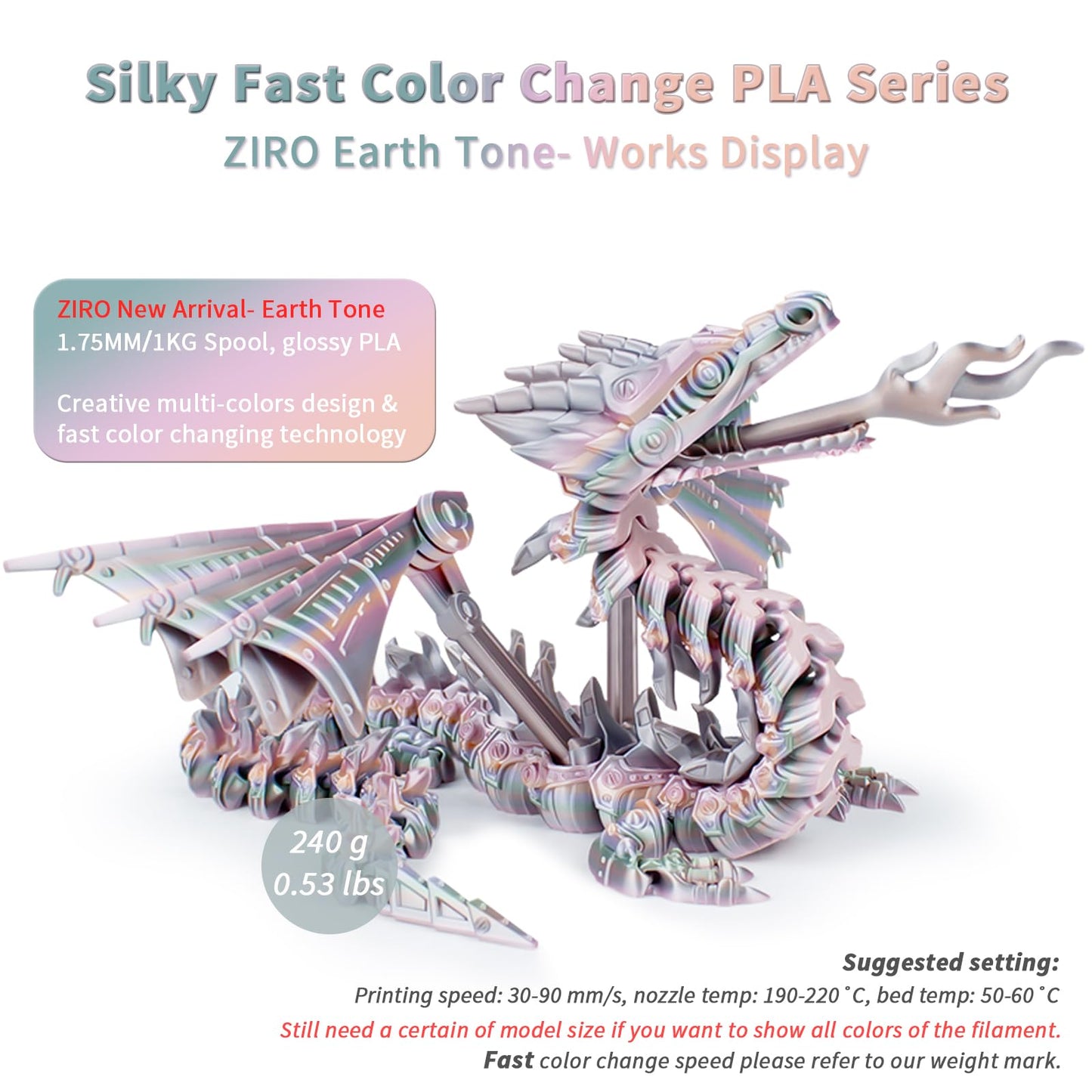 ZIRO 3D Printer Filament, Shiny PLA Fast Gradient Color Change, Glossy Color Change by Length PLA, Fit Most FDM 3D Printers, Dimensional Accuracy +/-0.03mm, 1KG/2.2lb Spool, Earth Tone(Silk)