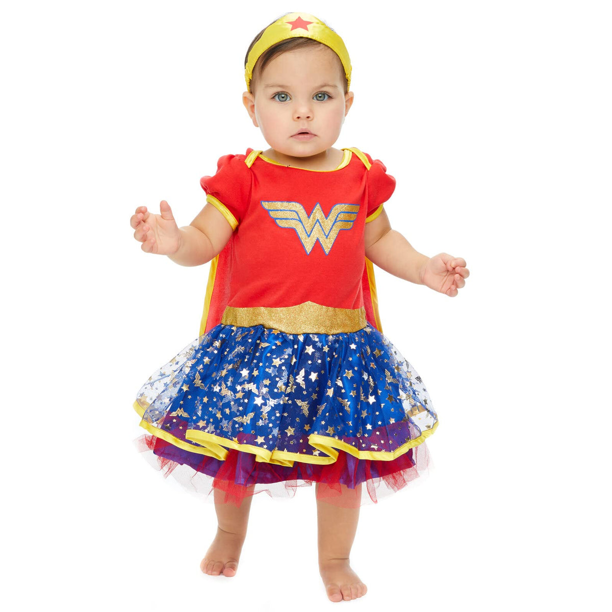 DC Comics Justice League Wonder Woman Newborn Baby Girls Cosplay Costume Bodysuit Dress Cape and Headband Set 0-3 Months