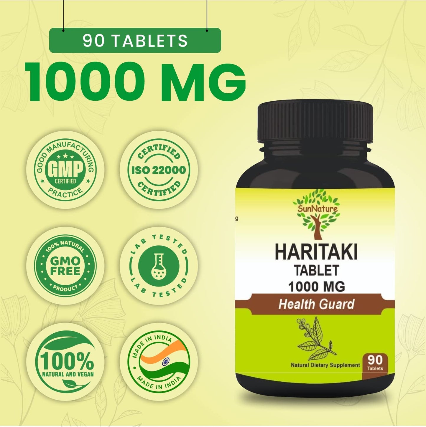SunNature Haritaki Tablets 90 Tablets, 1000 mg| 45 Days Supply | Terminalia chebula | Vegan| from India