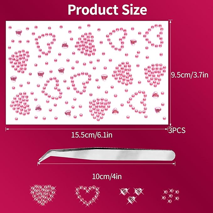 3 Sheets Rhinestone Sticker Self Adhesive Face Gems Jewels for Face Eyes Makeup Hair Body Stick on Rhinestones Stickers for Valentine Festival Decal Decor(Pink)