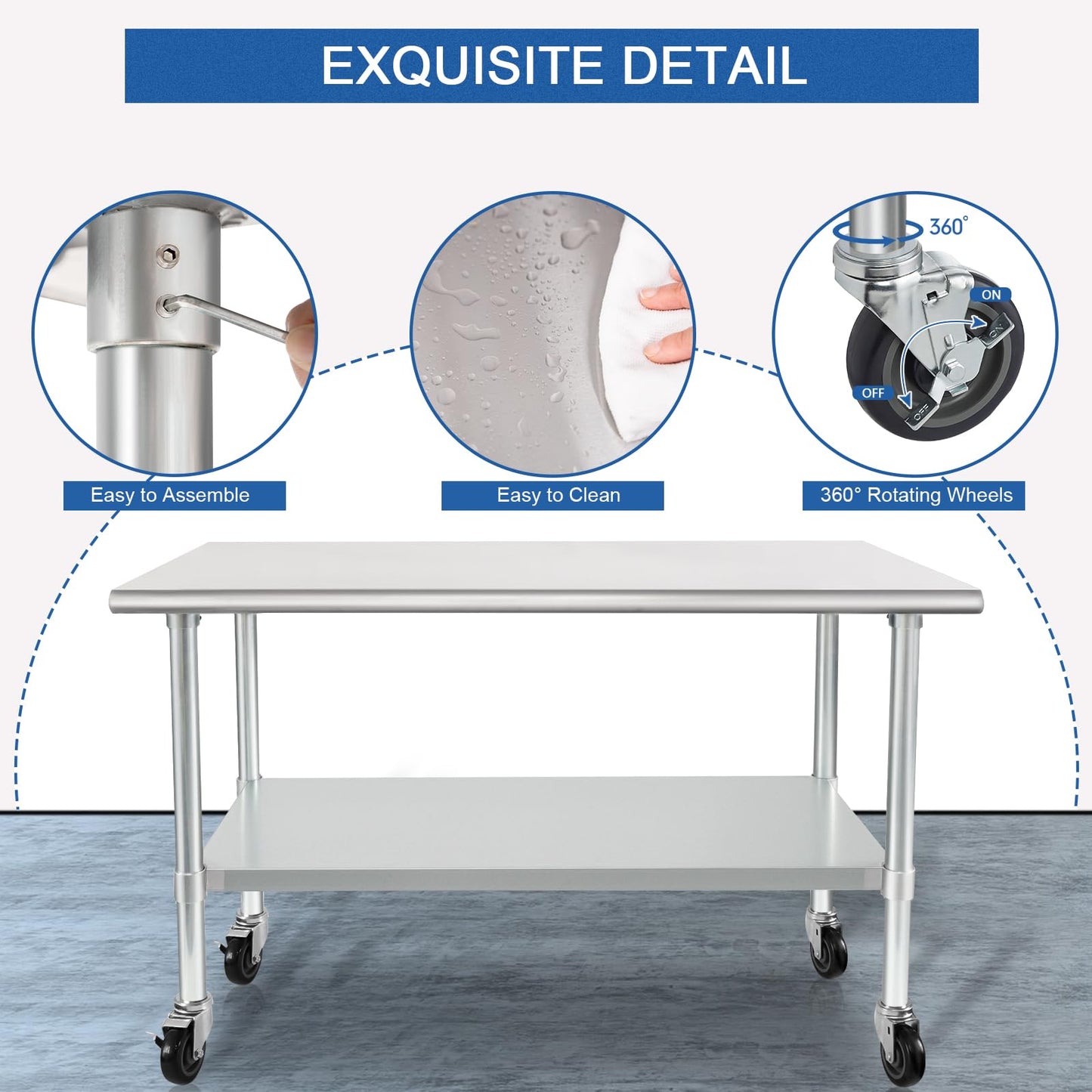 HARDURA Stainless Steel Table with Wheels 30 x 48 Inches Casters NSF Heavy Duty Commercial Work & Prep Table with Undershelf and Galvanized Legs for Restaurant Kitchen Bar and Hotel Garage