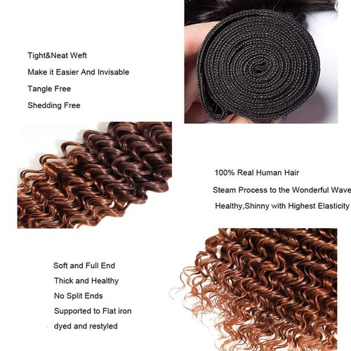 Habiliana Bundles Human Hair 20 22 24 Inch Omber Deep Wave Human Hair Bundles Natural Chocolate Brown T1B/4/30 11A Unprocessed Brazilian Virgin Quick Weave Hair Extensions for Black Women