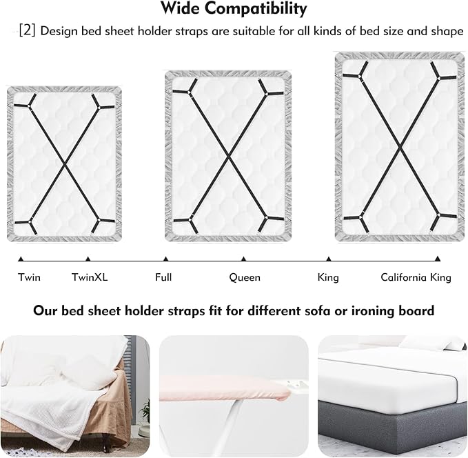 Bed Sheet Holder Straps, 2 Pcs Adjustable Mattress Sheet Clips, Bed Sheet Fasteners Elastic Sheet Suspenders to Keep Bed Sheet in Place for Different Beds (X-Black)