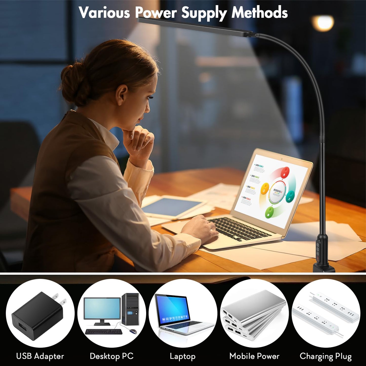 BIENSER LED Desk Lamp with Clamp, Super Bright Desk Light with 11 Brightness, 5 Color Modes, Flexible Gooseneck Clip on Table Light, Eye-Caring Architect Task Desk Lamps for Home Office Study Reading