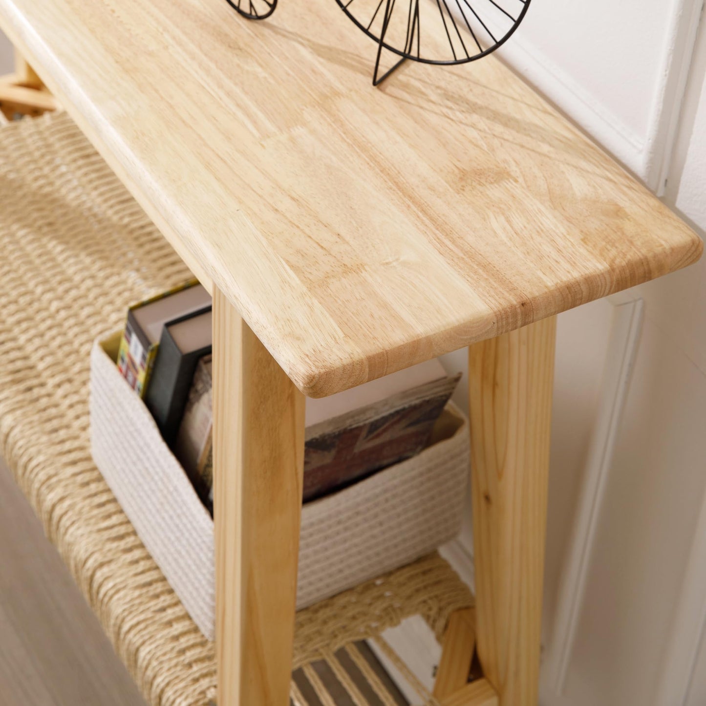 LZAREAL Farmhouse Rattan Entryway Table with Storage Boho Narrow Console Table Wood Long Sofa Table Behind Couch Table for Entryway Hallway Foyer Living Room, Natural Color