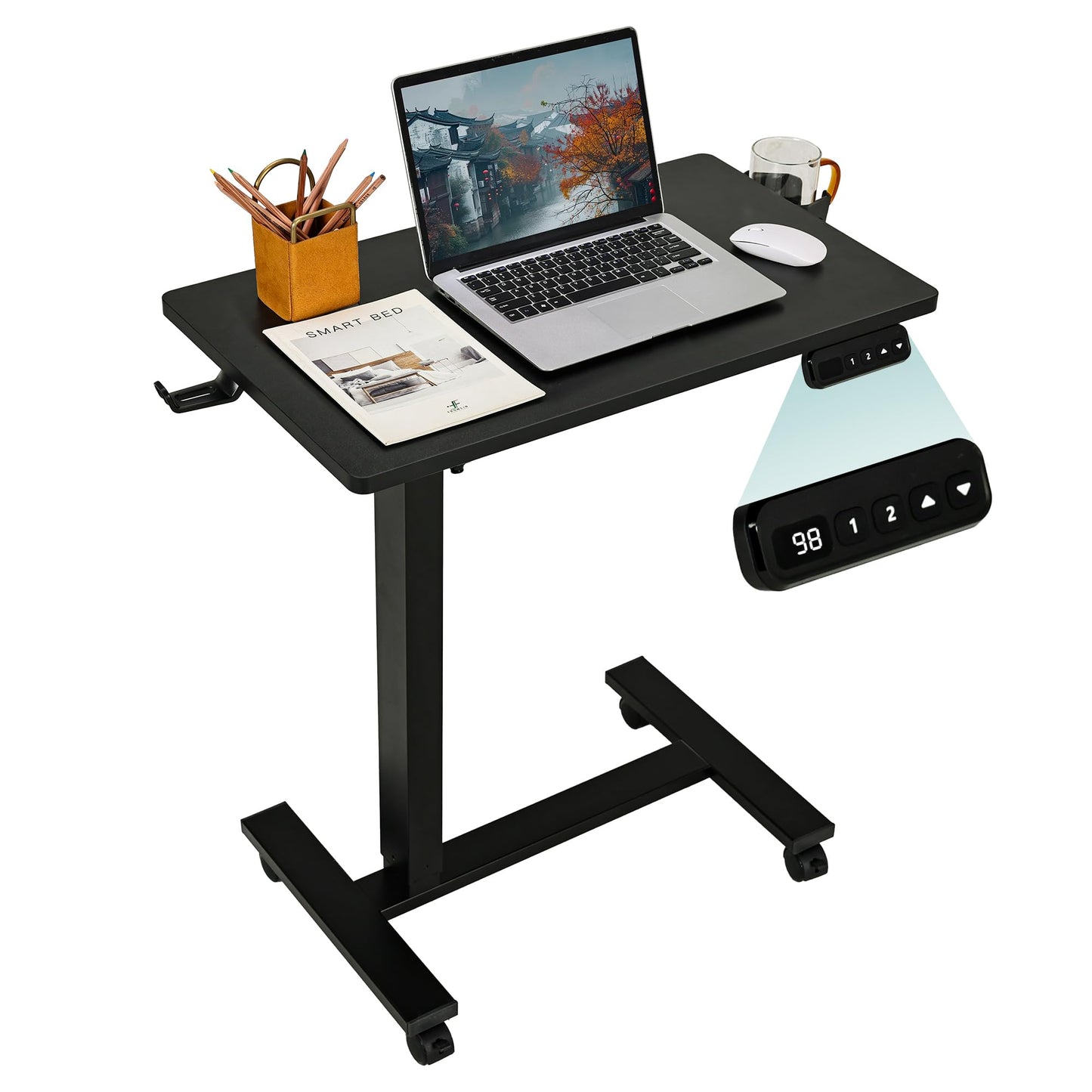 yaaqoo Electric Overbed Table with Wheels, Height Adjustable Bedside Sofa Recliner Side Tables, C Shaped Rolling Standing Small Laptop Desk for Home Office, Black