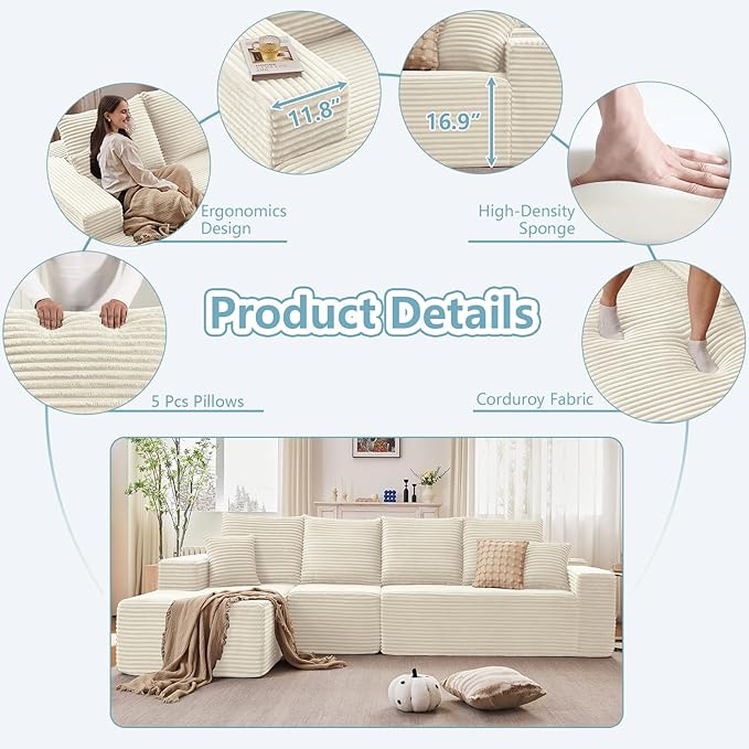 135.4" Cloud Sectional Couch with L-Shape Chaise, Modern Corduroy Boneless Couch for Living Room,Memory Foam Sofa with Deep Seat,No Assembly Required (White,Left-Facing Chaise)