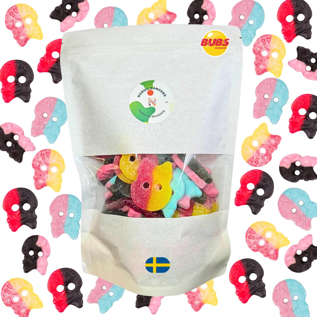 BUBS Skull Candy Mix – Dizzy Skulls, Giant Sour Skulls, Liquorice Raspberry Skulls & Foam Skulls, 1 LB Vegan Swedish Candy, Gummy Alternative, Sour Foam Sweets, TikTok Viral, Gluten-Free
