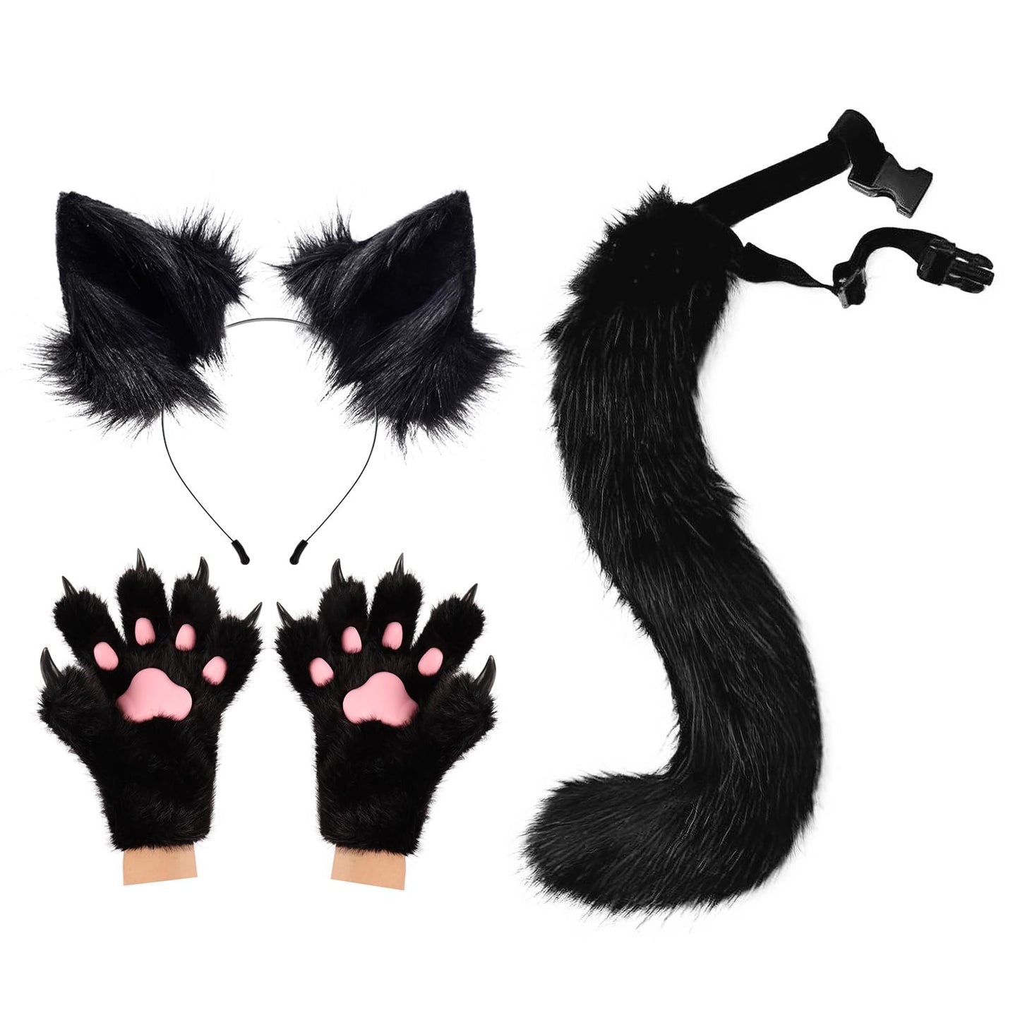 COSYEARS Fox Wolf Ears Headband Furry Tail Plush Cat Paw Mittens Gloves Set Halloween Party Cosplay Costumes Accessories