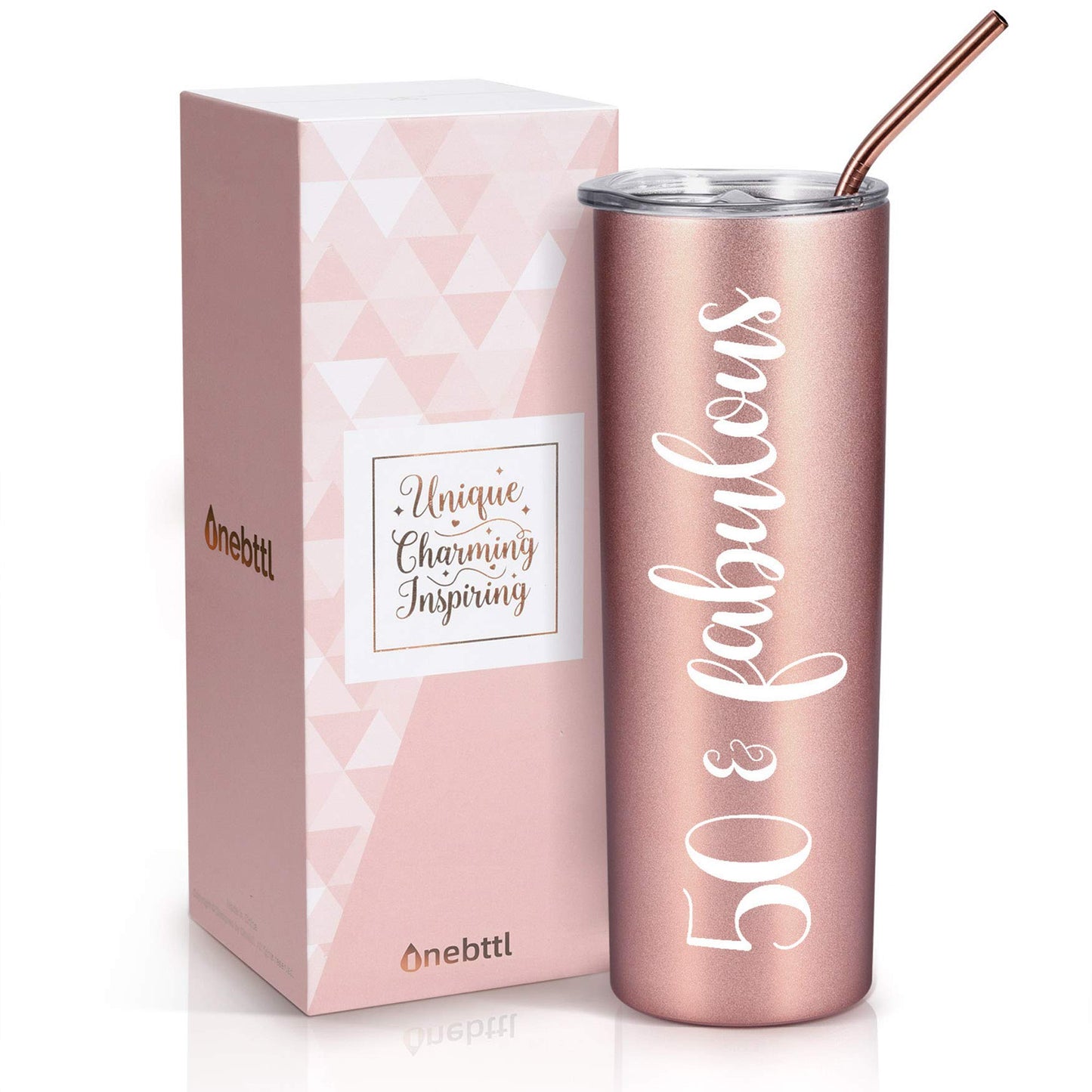 Onebttl 50th Birthday Gifts for Women, Female, Her - 50 and Fabulous - 20oz/590ml Stainless Steel Insulated Tumbler with Straw, Lid, Message Card - (Rose Gold)