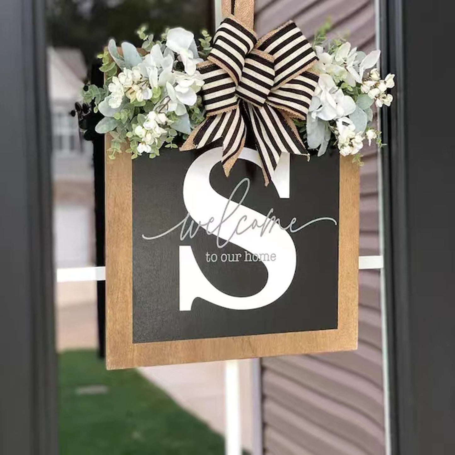 Last Name Year Round Front Door Wreath Front Porch Decoration 26 Letter Welcome Sign with Eucalyptus Garland and Bow Spring Wreaths for Front Door Outside Hanger Garland（S）