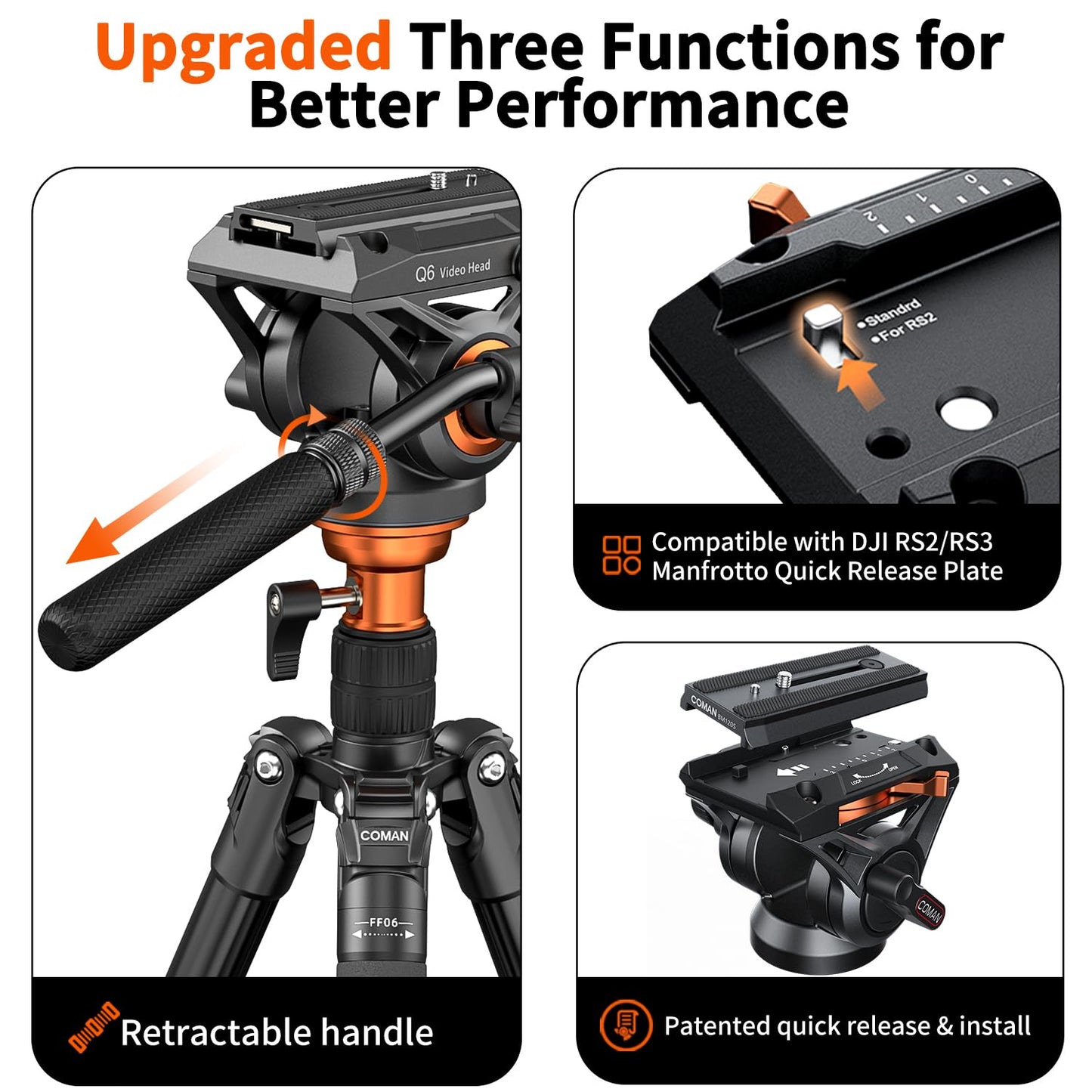 COMAN Camera Tripod with Fluid Head, Lightweight Compact Tripod for Camera with Detachable Monopod Aluminium Alloy and QR Plate for DJI Canon Nikon Sony DSLR Camera 70.8“ Max Load 22.04lb(FF06S)