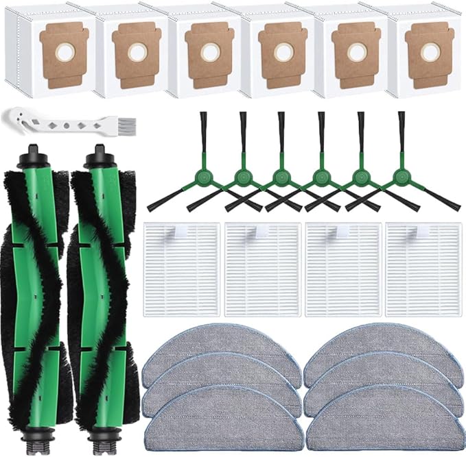 25 Pcs Replacement Parts for iRobot Roomba 104/105 Vac/ 105 Combo/Vac 2/ (Q0520/Q052) Vacuum, 2 Main Brushes,4 Filters,6 Dust Bags,6 Side Brushes,6 Mop Pads
