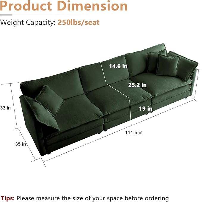 mikibama Luxury Modular Sectional Sofa, 111.5" Modern Chenille Comfy Cloud Couches for Living Room Office, 3 Seater Deep Sofa with 2 Armrest Pillows and 3 Toss Pillows, Evergreen