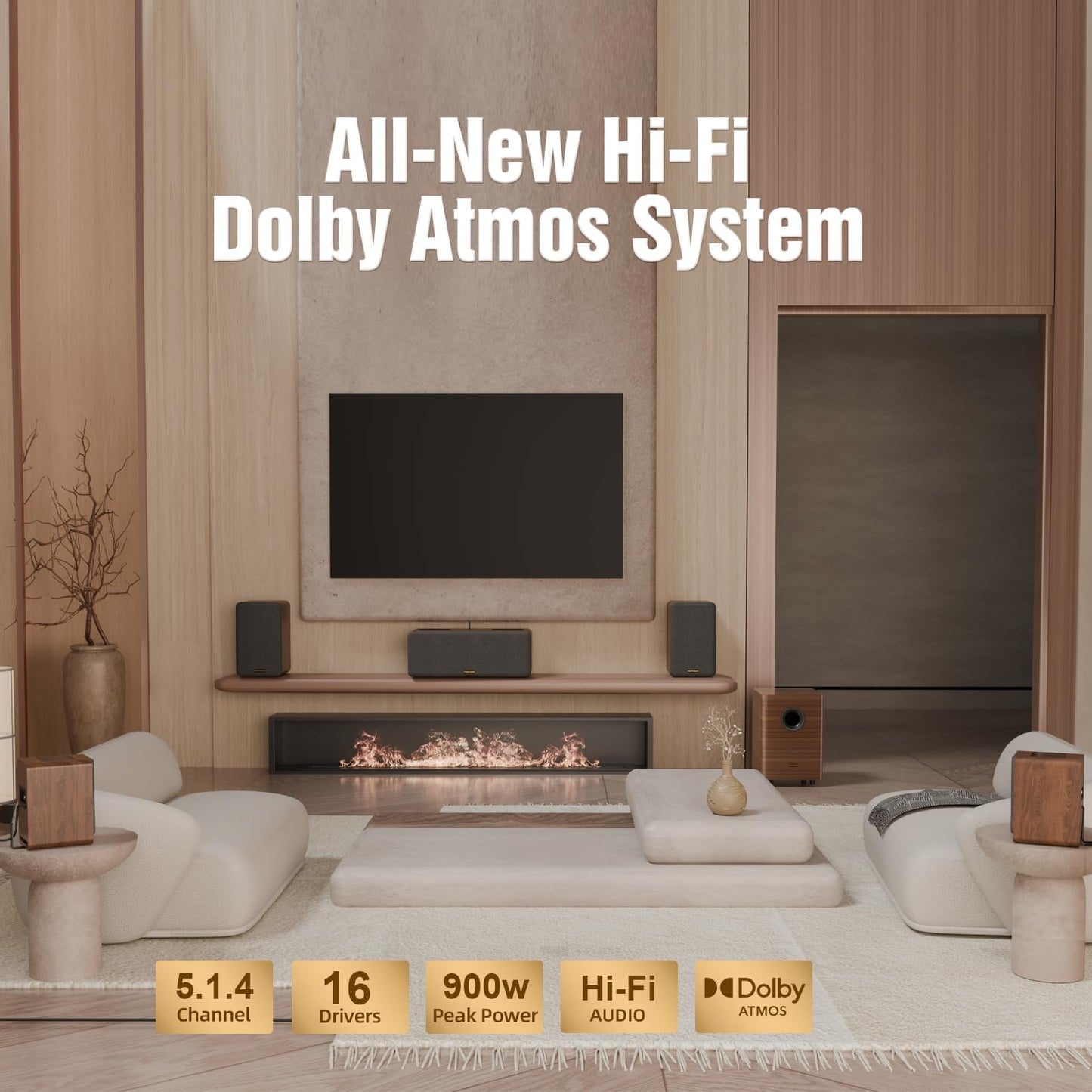 True 5.1.4 Hi-Fi Dolby Atmos Surround Sound System, 900W Home Theater Sound Bar for Smart TV, Center Channel Speaker with 4 Surrounds, 25Hz Subwoofer, Hi-Fi Grade Crossover, Soundbar eARC, BT 5.4