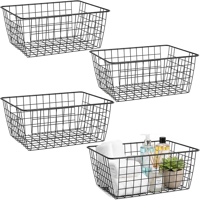 Metal Wire Basket Food Storage Organizer with Wooden Handles for Organizing Kitchen Cabinets, 4 Packs-Black-large