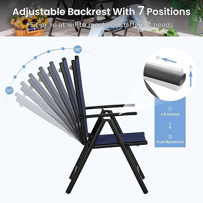 PHI VILLA Patio Folding Chairs Set of 4, Portable Outdoor Dining Chairs with Adjustable Backrest for Outside, Garden, Lawn & Yard, No Assembly, Blue