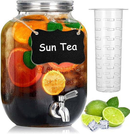 1 Gallon Glass Drink Dispensers for Parties, Large Beverage and Water Dispenser, Lemonade Dispenser, Sun Tea Glass Jar for...